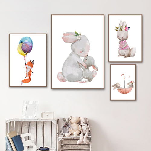 Rabbit Fox Balloon Nursery Wall Art Canvas Painting Cartoon Posters