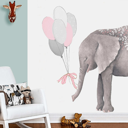Large Elephants with Pink Gray Balloons Wall Stickers for Kids Room Decor