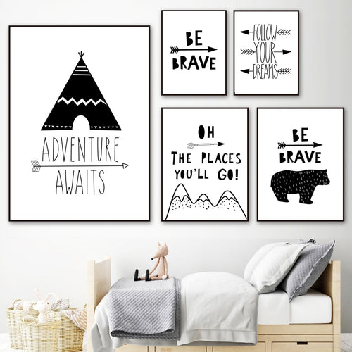 Tent Bear Arrow Brave Quotes Wall Art Canvas Painting Nordic Posters