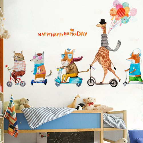 Cartoon Animal Family Giraffe Lion Fox Wall Stickers for Kids Room