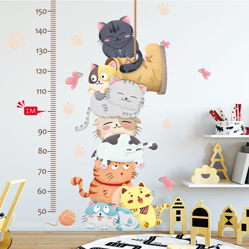 Cartoon Cat Animals Measure Wall Stickers for Kids Rooms