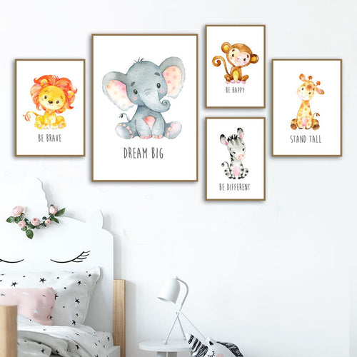 Lion Monkey Elephant Giraffe Nursery Nordic Posters
